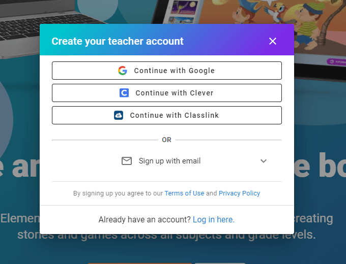 You'll see the following options to sign up - Google, Clever, Classlink, or email.