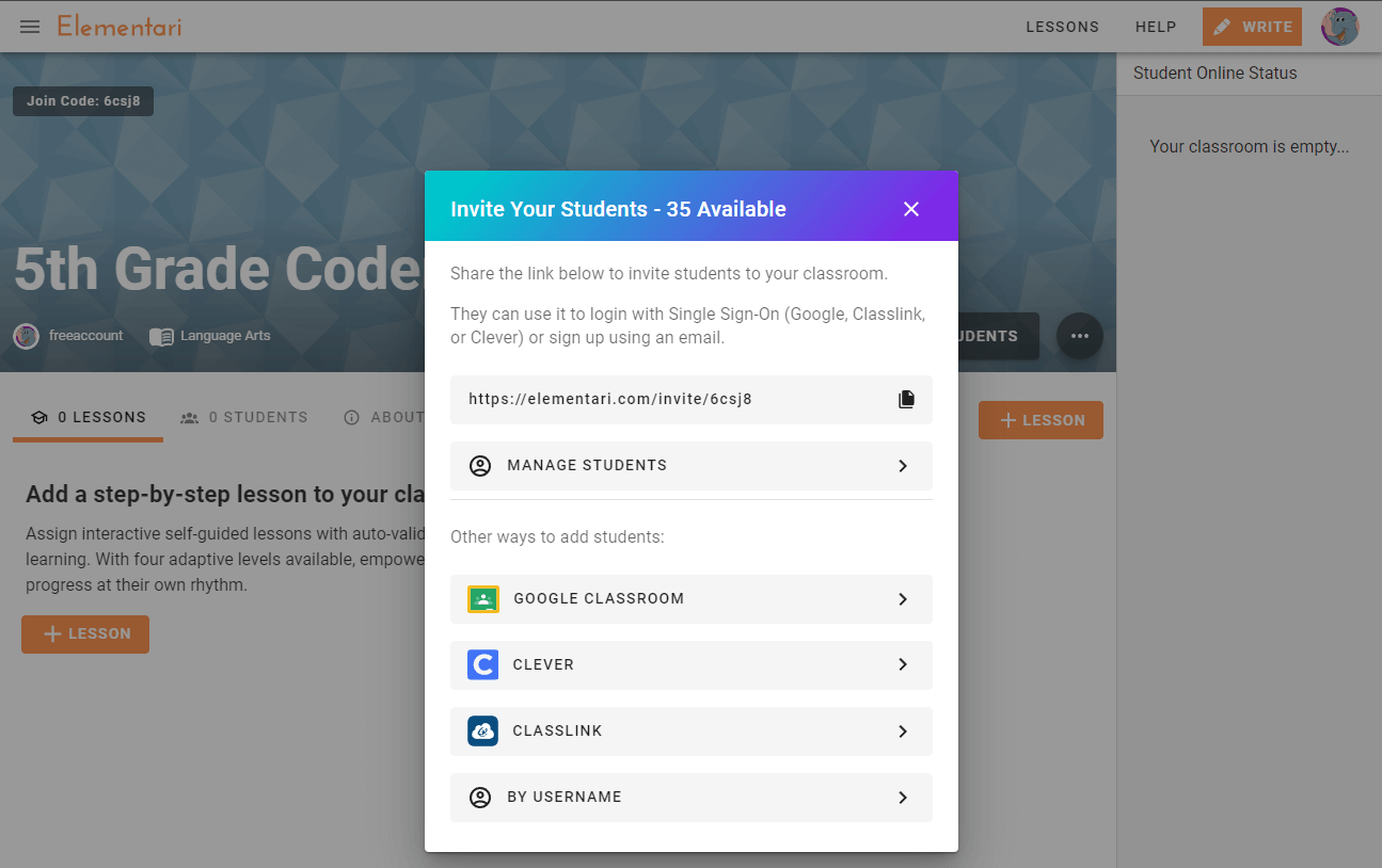 Screenshot of your classroom page with the invite students popup.