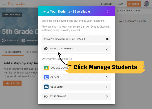 Click on the Manage Students button to create and manage student accounts.