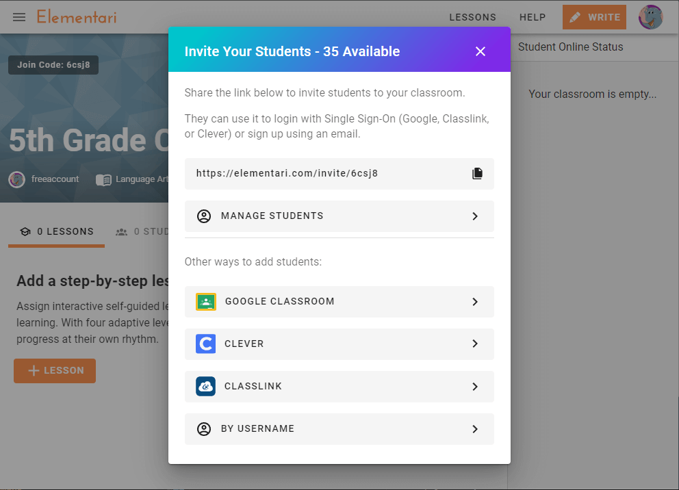 Screenshot of the invite students dialog.