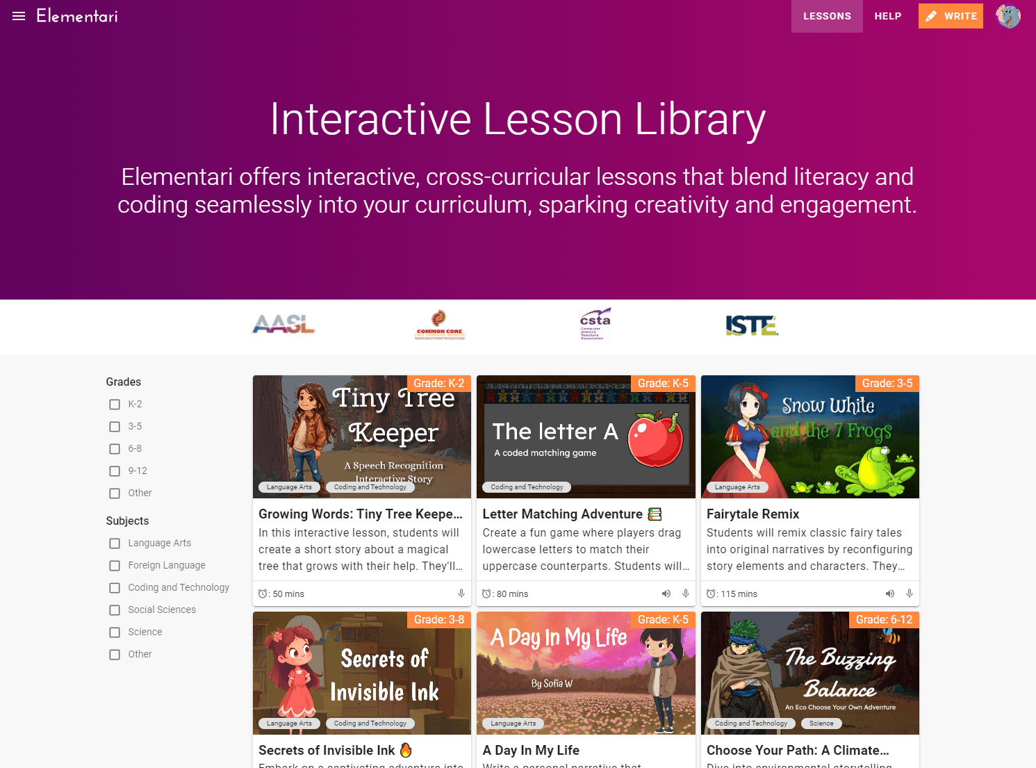 Screenshot of the Lesson Library page. You can filter by grade and subject.