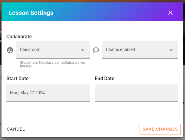 Screenshot of the lesson settings form.