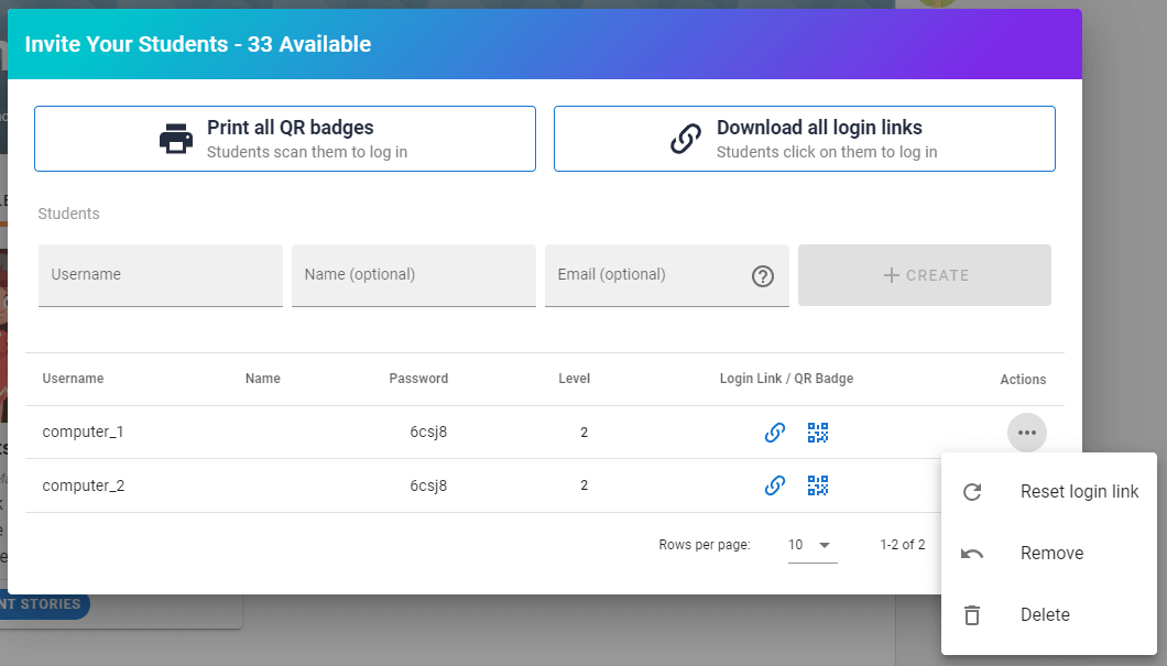 Screenshot of the Reset Login Link option option.