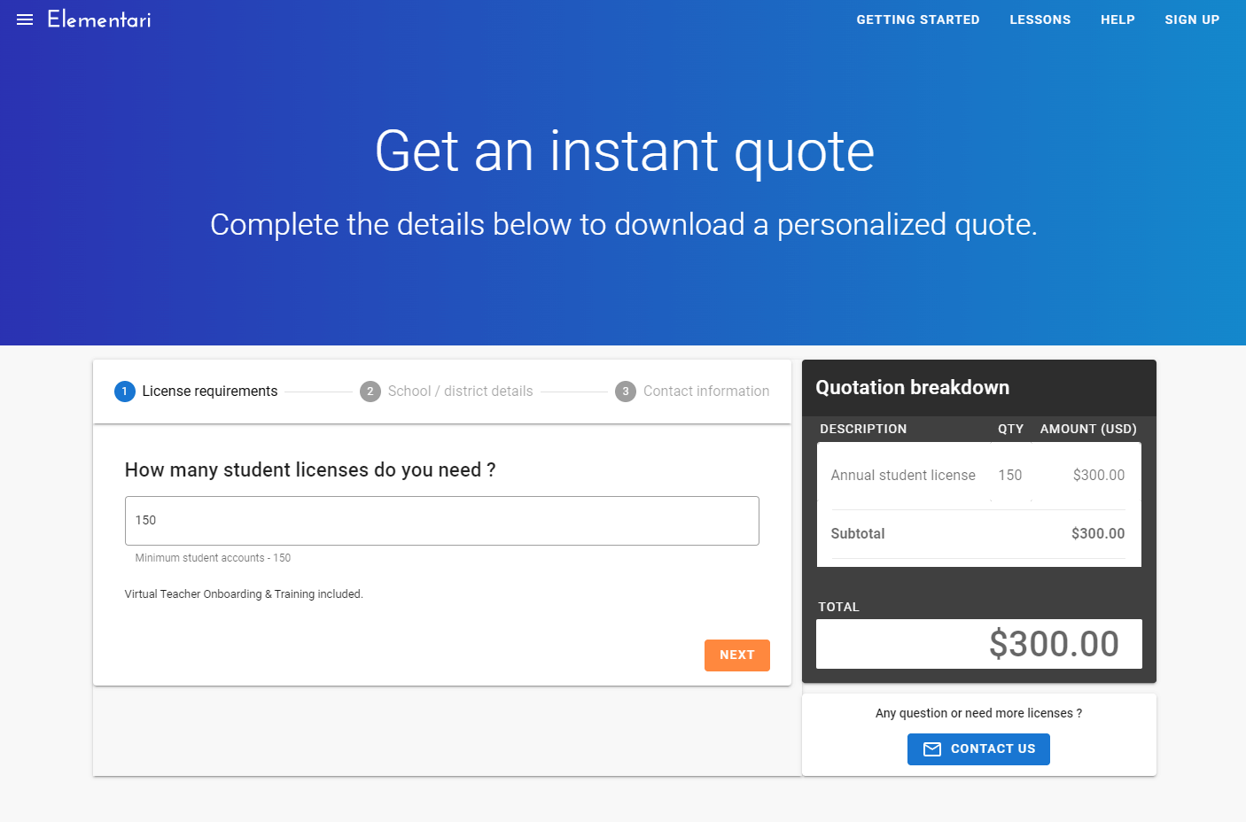 Screenshot of the Get an Instant Quote page.