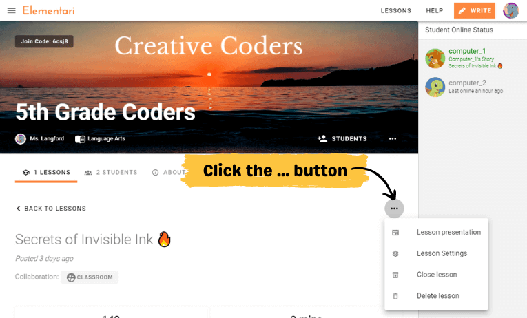 Screenshot of the teacher's lesson page and the ... button to open up the actions
